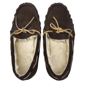 Brown Suede Moccasins Slippers Womens 10 Bowtie Leather Comfy Soft Fuzzy Winter